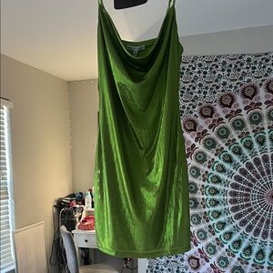 shiny green mini dress with spaghetti straps